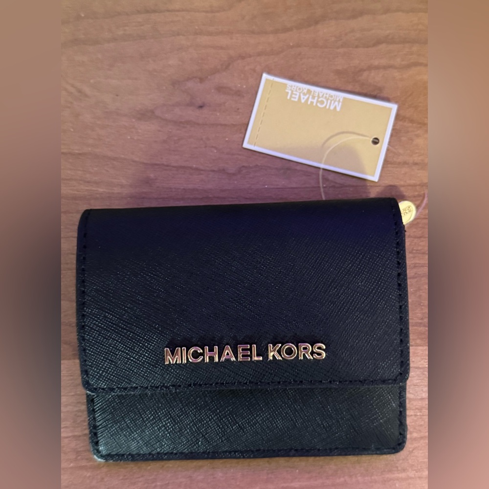 Michael Kors Black Card Holder with Gold-Tone Zipper